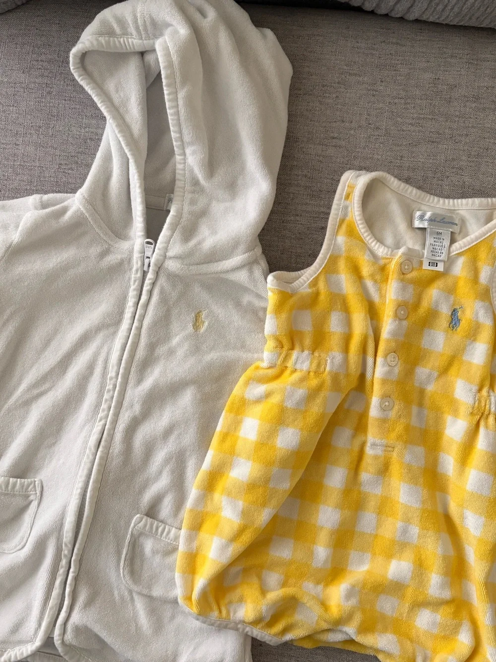 Ralph Lauren Terry Swim Bundle - Hooded Zip Coverup & Yellow Gingham Baby Romper